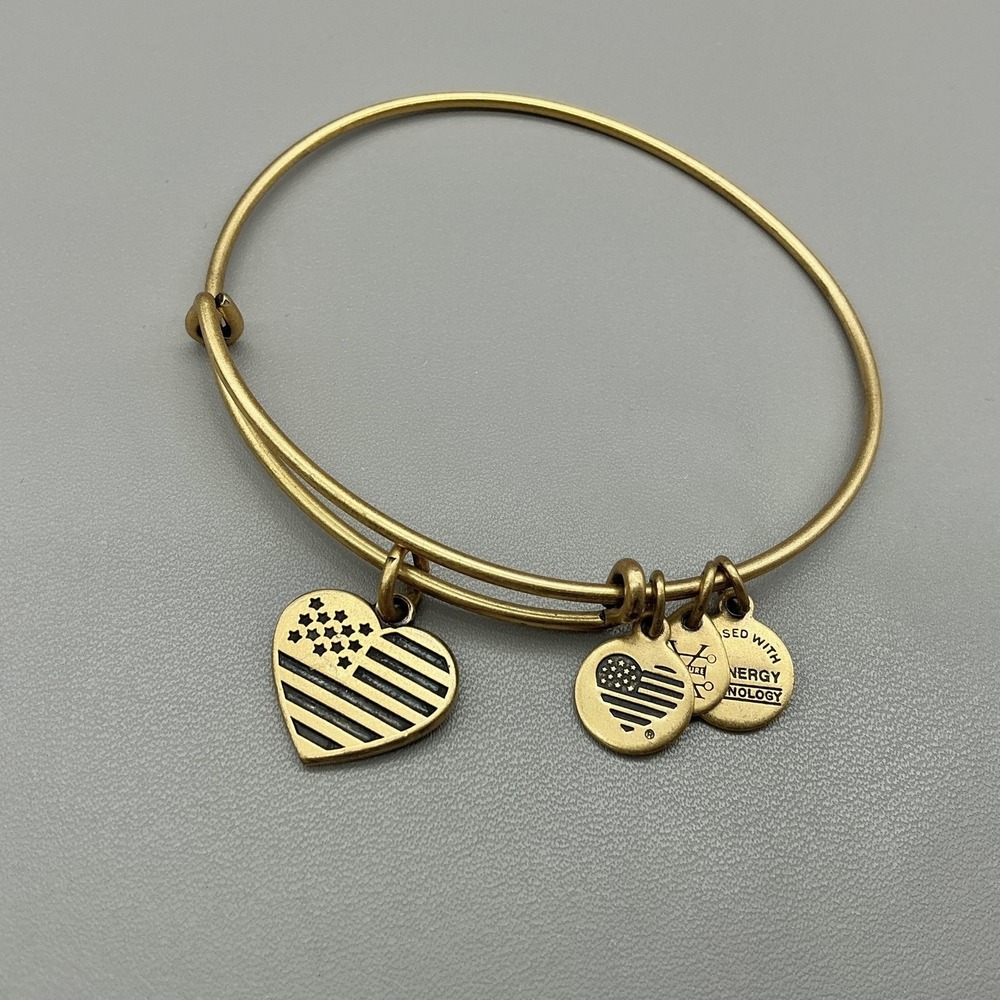Alex And Ani Bracelet Gold Tone Heart Flag Charm Bangle Adjustable Womens USA